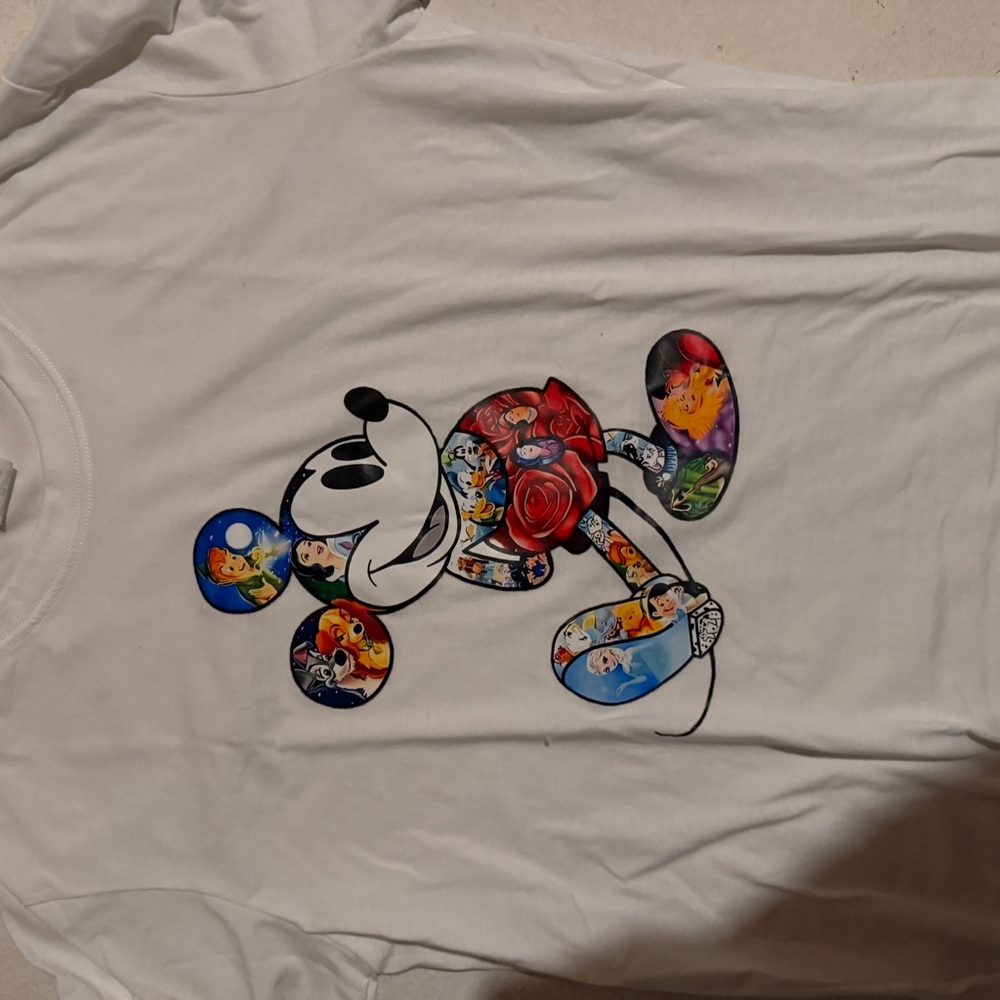 Disney White Short Sleeve Tee with Colorful Mickey Collage Graphic